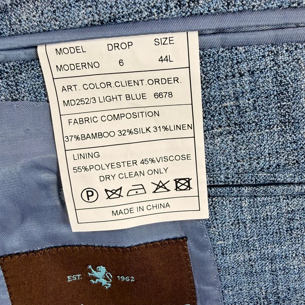 Patrick James Moderno Sport Coat 44L Light Blue Bamboo Silk Linen Botto Giuseppe